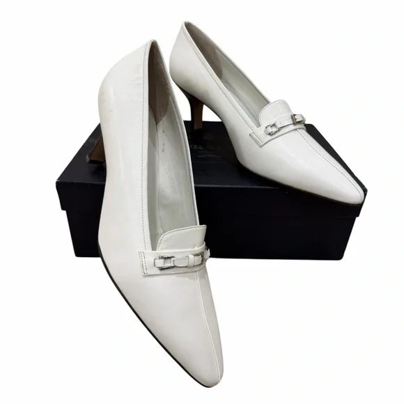 Prada Milano White Leather Kitten Heel Pumps Pointed Toe Size 38 - Picture 1 of 9